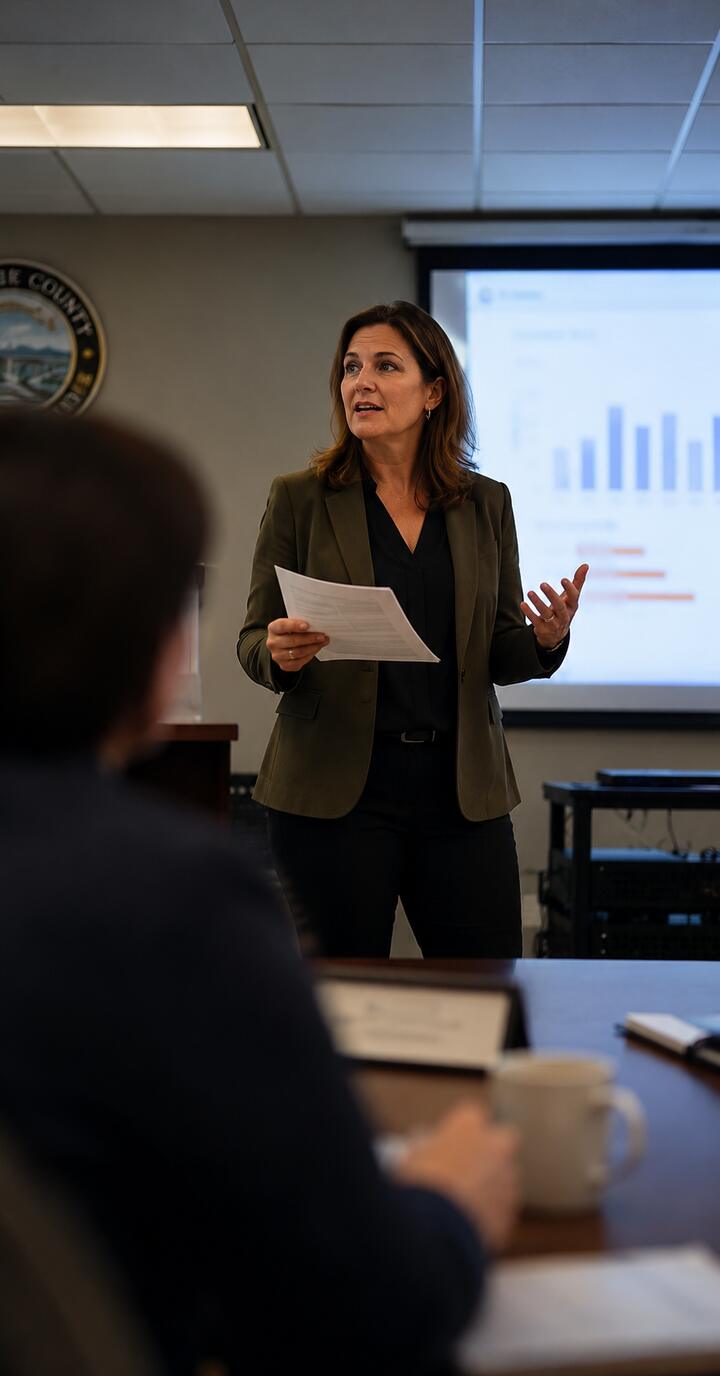 A workforce director presenting projected outcomes to a board, seen over an attendee’s shoulder